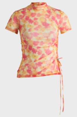 Printed-mesh top with gathered side, Pink Patterned