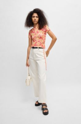 Printed-mesh top with gathered side, Pink Patterned
