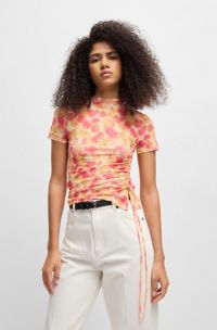 Top in mesh stampato con parte laterale arricciata, Rosa a motivi