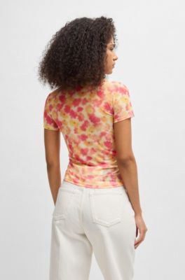 Printed-mesh top with gathered side, Pink Patterned