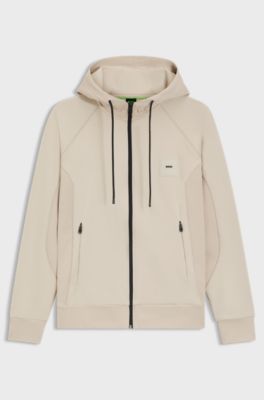 Cotton-blend zip-up hoodie with logo patch, Light Beige