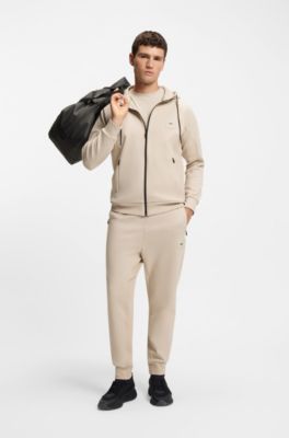 Cotton-blend zip-up hoodie with logo patch, Light Beige