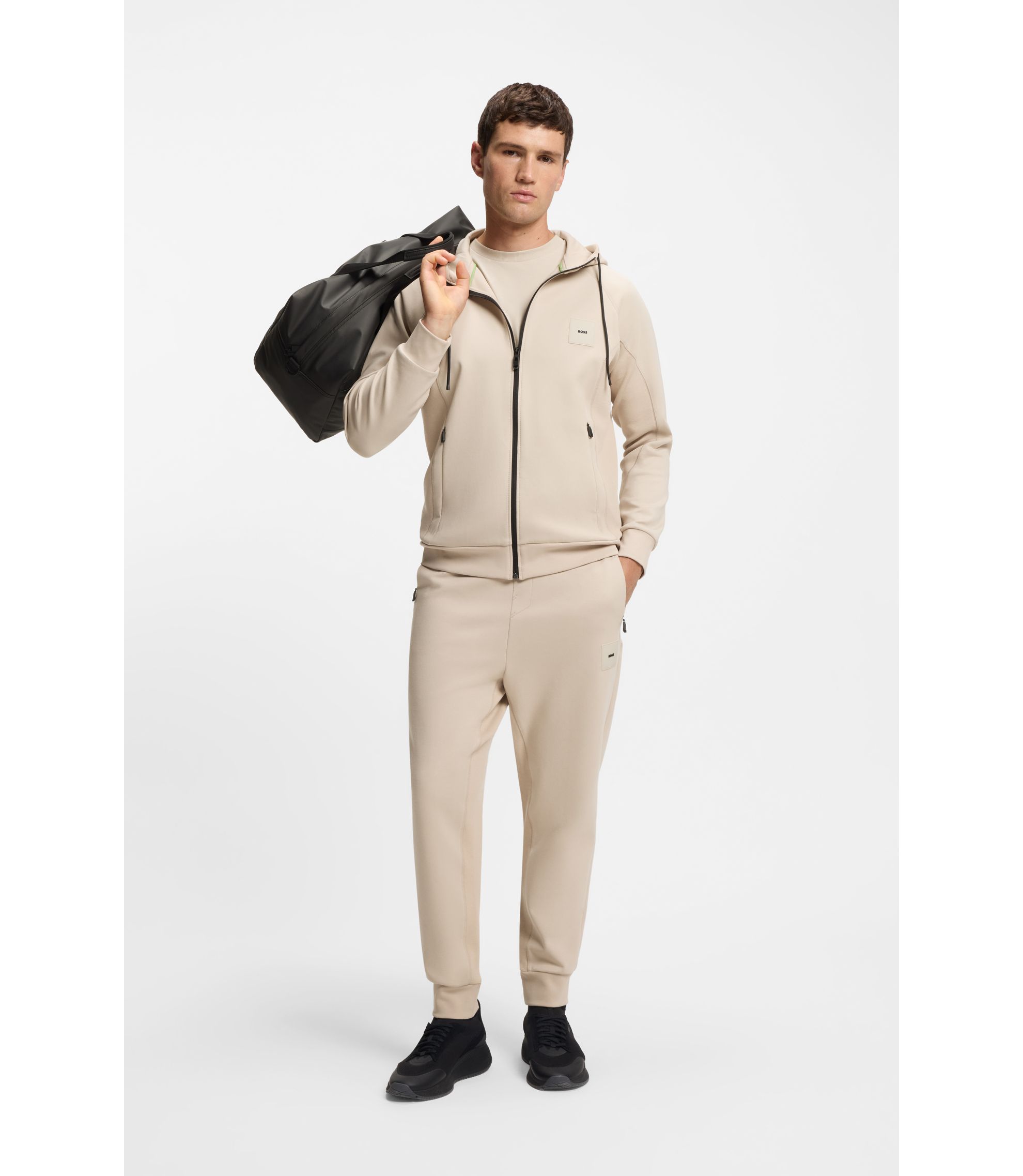 BOSS - Cotton-blend zip-up hoodie with logo patch - Light Beige