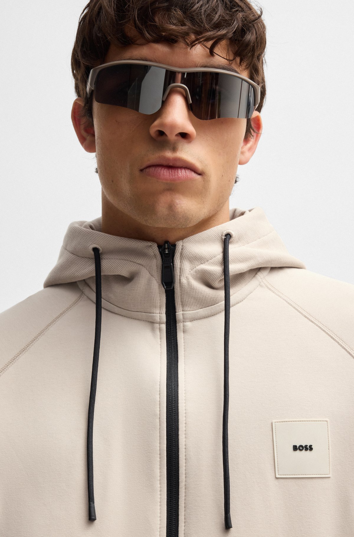 BOSS - Cotton-blend zip-up hoodie with logo patch - Light Beige BOSS - Cotton-blend zip-up hoodie with logo patch - Light Beige