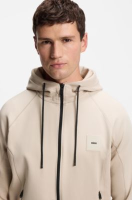 Cotton-blend zip-up hoodie with logo patch, Light Beige