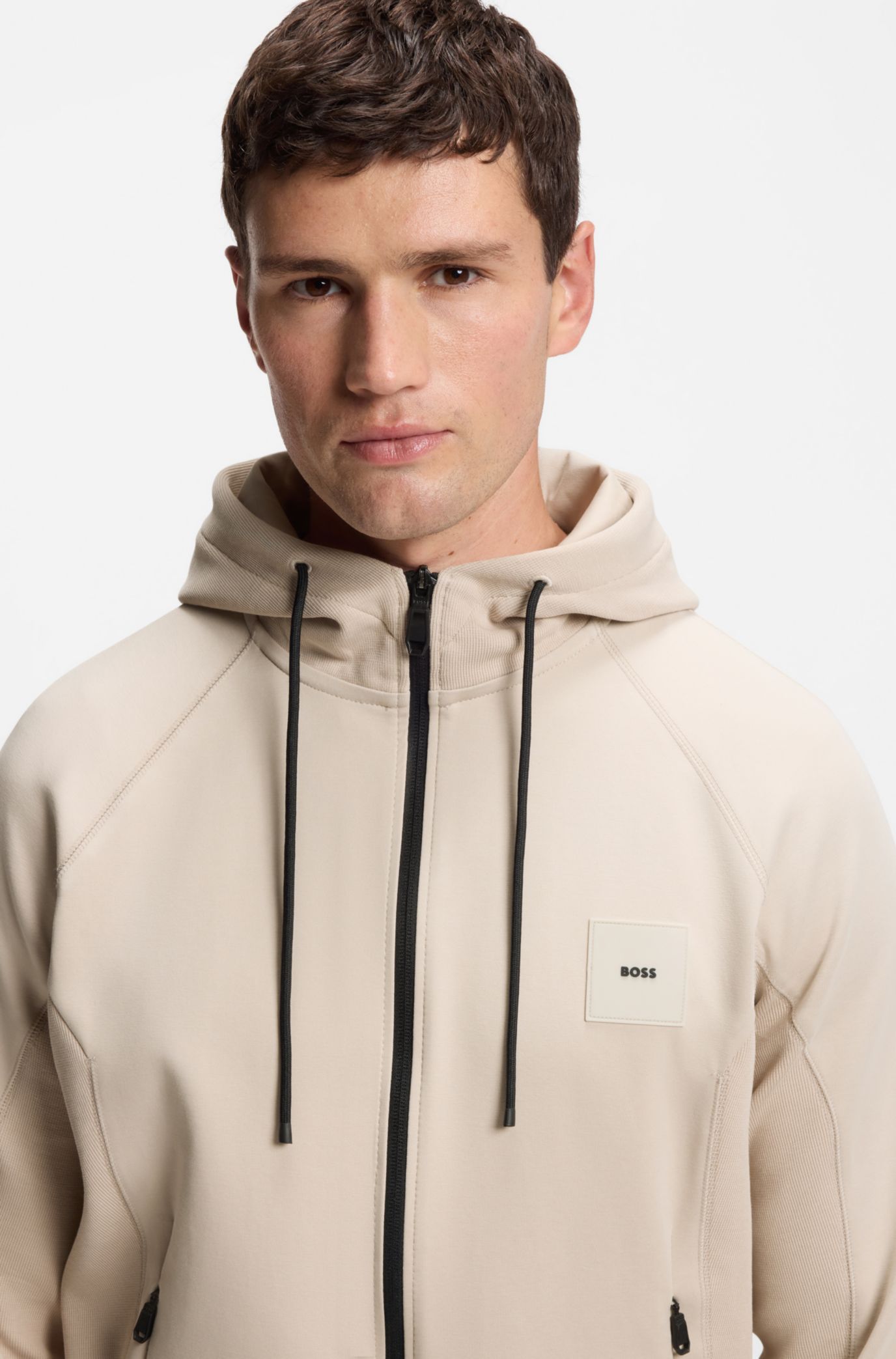 BOSS - Cotton-blend zip-up hoodie with logo patch - Light Beige
