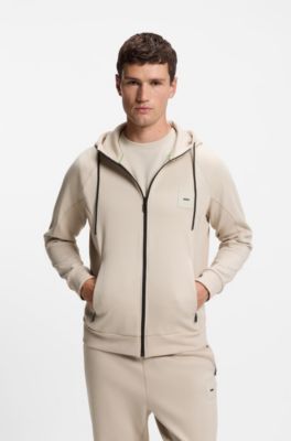 Cotton-blend zip-up hoodie with logo patch, Light Beige