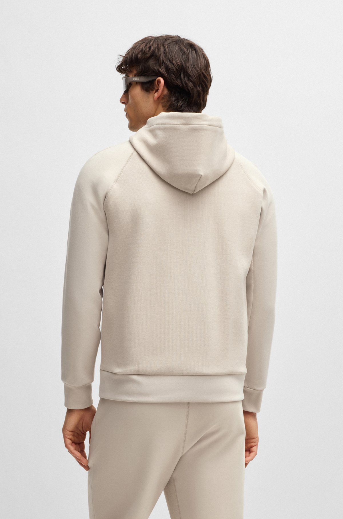 BOSS - Cotton-blend zip-up hoodie with logo patch - Light Beige BOSS - Cotton-blend zip-up hoodie with logo patch - Light Beige