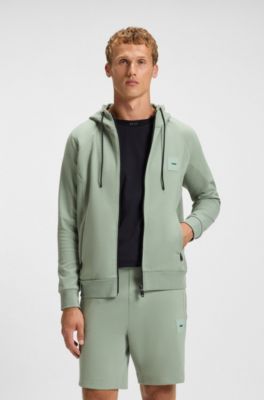 Cotton-blend zip-up hoodie with logo patch, Light Green