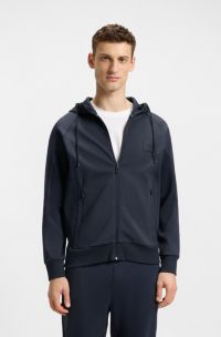 Sudadera con capucha de algodón con cremallera y parche de logo, Azul oscuro