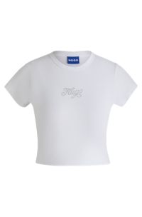 Stretch-cotton T-shirt with crystal-studded logo, White