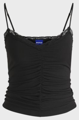 Lace-trim top with ruffled front, Black
