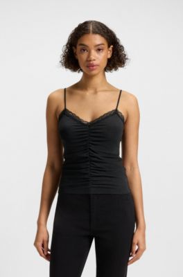 Lace-trim top with ruffled front, Black