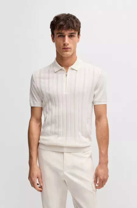 Cotton-silk knit polo with cabled front