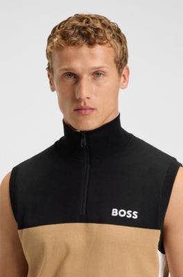 Active sleeveless sweater in stretch fabric with logo artwork, Beige