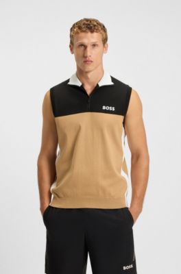 Active sleeveless sweater in stretch fabric with logo artwork, Beige