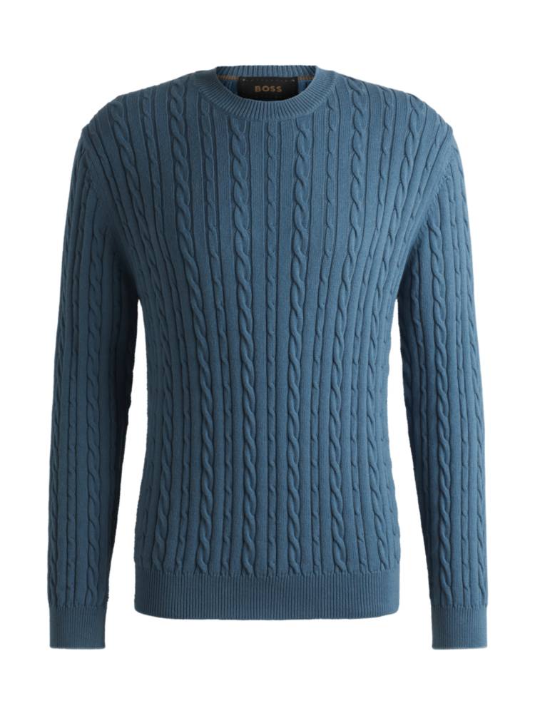 Artikel klicken und genauer betrachten! - Der sommerliche BOSS Pullover mit lockerer Passform ist mit einem feinen Zopfmuster versehen und eignet sich perfekt zum Layern. Softer Baumwoll-Mix mit Kaschmir-Anteil. | im Online Shop kaufen