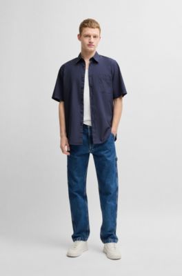 Regular-fit shirt in cotton poplin, Dark Blue