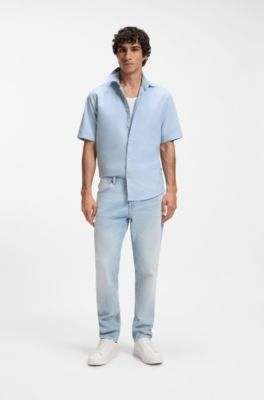 Camicia regular fit in cotone Oxford lavato delicato, Celeste