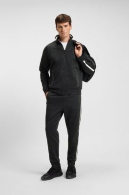 Sudadera de jacquard circular con cremallera y rayas laterales, Negro