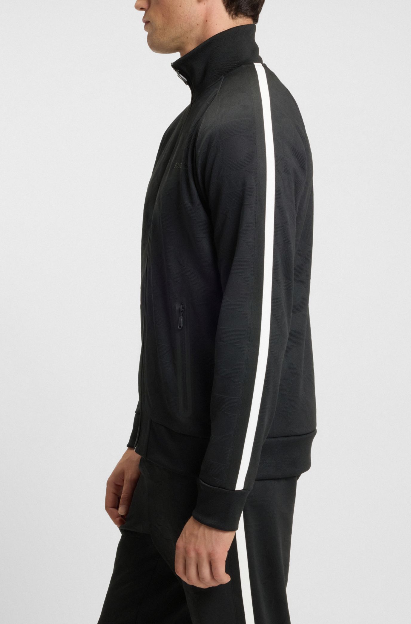Circle-jacquard zip-up sweatshirt with side stripes, Black