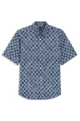 Regular-fit shirt in printed cotton poplin, Blue Patterned