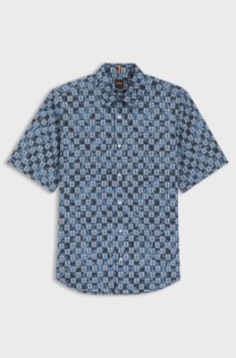 Regular-fit shirt in printed cotton poplin, Blue Patterned