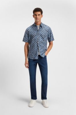 Regular-fit shirt in printed cotton poplin, Blue Patterned