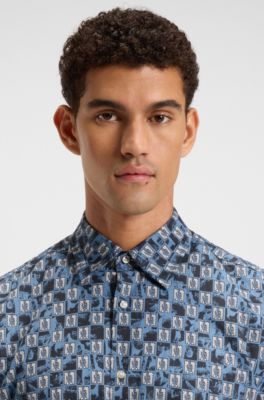 Regular-fit shirt in printed cotton poplin, Blue Patterned