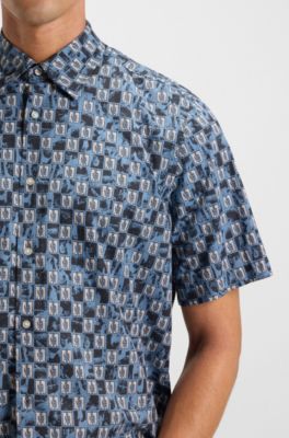 Regular-fit shirt in printed cotton poplin, Blue Patterned