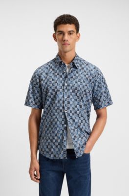 Regular-fit shirt in printed cotton poplin, Blue Patterned