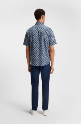 Regular-fit shirt in printed cotton poplin, Blue Patterned