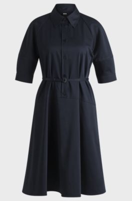 Shirt dress in stretch cotton with half placket, Dark Blue