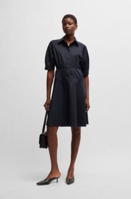 Shirt dress in stretch cotton with half placket, Dark Blue
