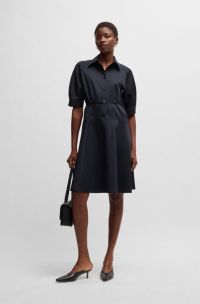 Robe-chemise en coton stretch à demi-patte de boutonnage, Bleu foncé