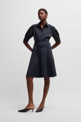 Shirt dress in stretch cotton with half placket, Dark Blue