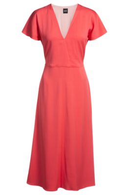 Kleid aus Stretch-Gewebe mit V-Ausschnitt, Koralle