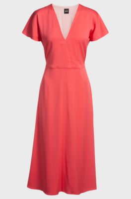 V-neck dress in stretch material, Coral