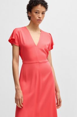 V-neck dress in stretch material, Coral