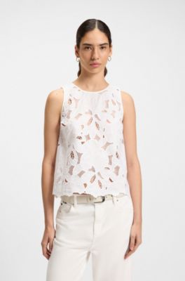 Tailored blouse in cotton-blend broderie anglaise, White