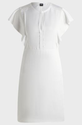 Keyhole-neckline dress with frilled sleeves, White