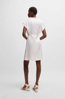 Keyhole-neckline dress with frilled sleeves, White