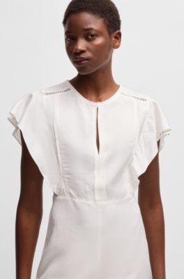 Keyhole-neckline dress with frilled sleeves, White
