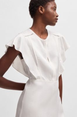 Keyhole-neckline dress with frilled sleeves, White