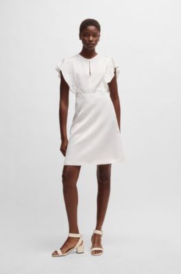 Keyhole-neckline dress with frilled sleeves, White