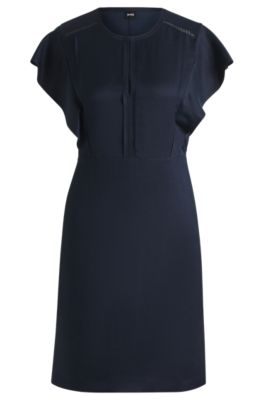 Keyhole-neckline dress with frilled sleeves, Dark Blue