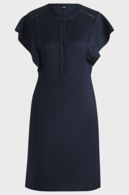 Vestido com decote aberto com mangas com folhos, Dark Blue