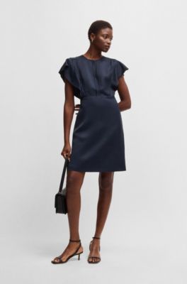 Keyhole-neckline dress with frilled sleeves, Dark Blue