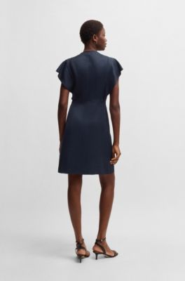 Jurk met keyhole-halslijn en mouwen met ruches, Donkerblauw