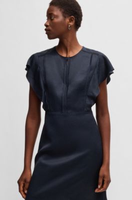 Vestido com decote aberto com mangas com folhos, Dark Blue